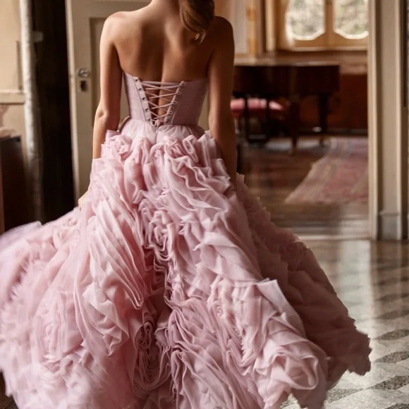Milla Strapless Dress. Dramatically flowered tulle dress in misty pink. - Picture 11 of 13